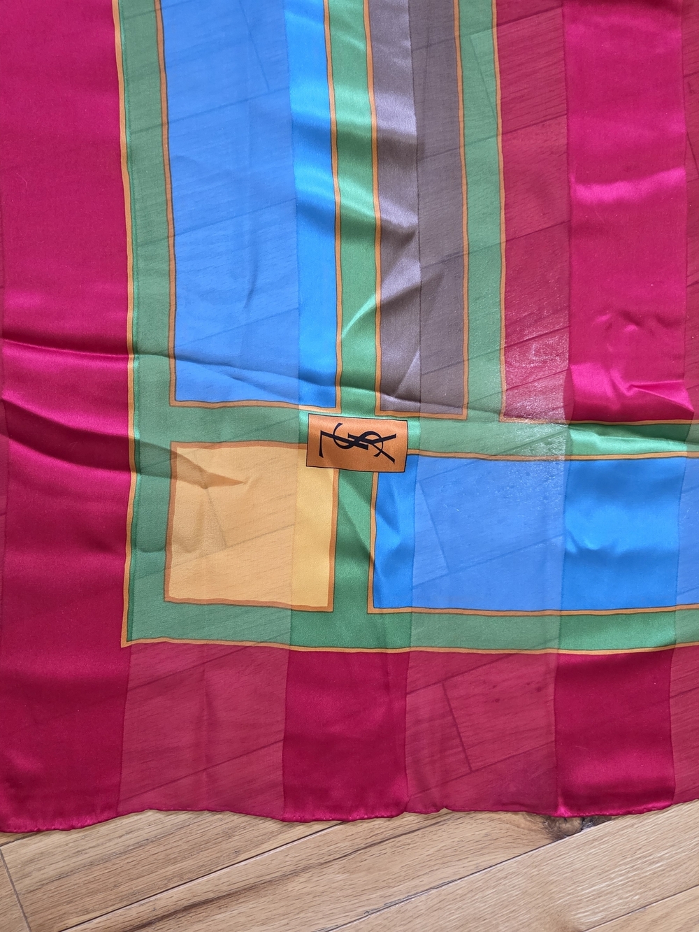 Yves Saint Laurent Silk Scarf - Colorblock, Fuchsia Red Blue & White 90cm - Picture 2 of 3